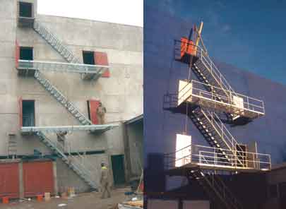 Arriba: construcci�n de una escalera met�lica, exterior, que comunica las distintas plantas en el contrafrente del edificio. Abajo: obra terminada